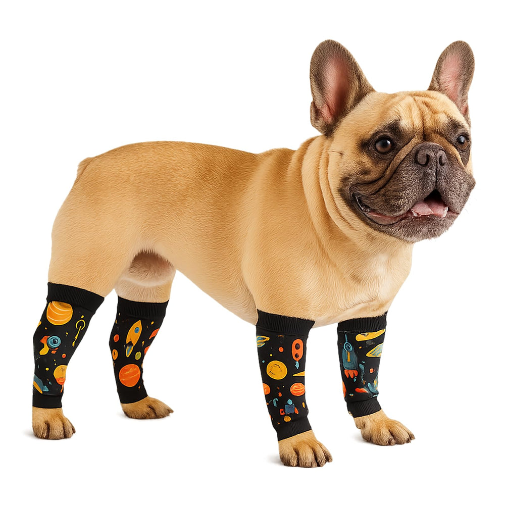 PetWarm rocket print dog leg sleeve shows breathable fabric for recovery and comfort