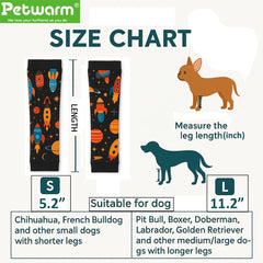 PetWarm rocket print sleeve on dog leg aiding healing and preventing licking