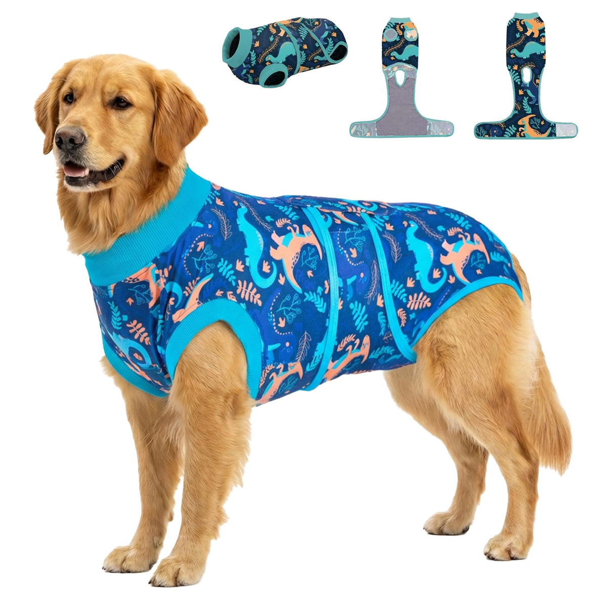 PetWarm Surgery Suit for Dogs in green dinosaur pattern offers protective comfort during post-surgery wear