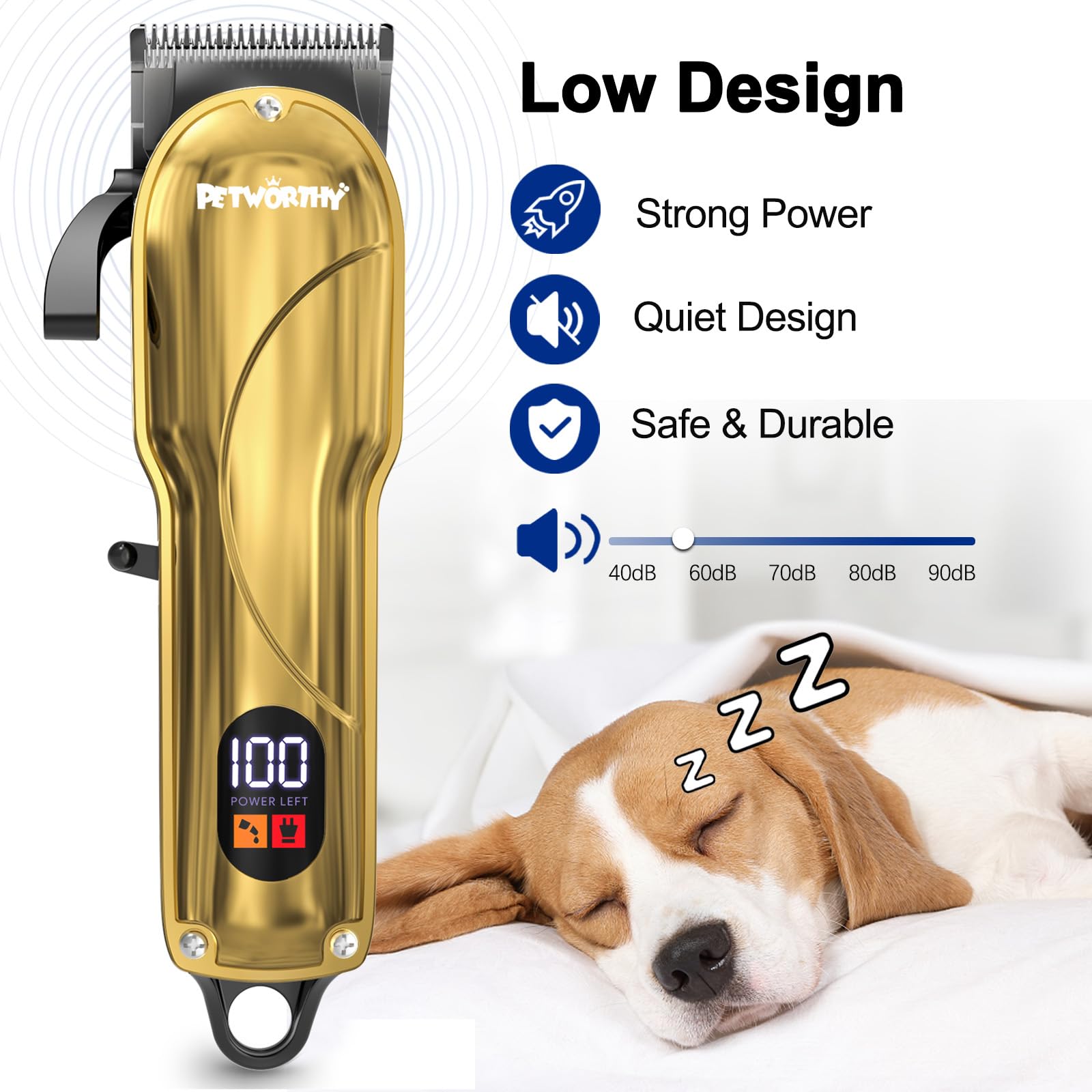 PETWORTHY quiet-dog-grooming-kit-beginners-safe-design shows beginner-friendly setup with one-second start and guide combs.