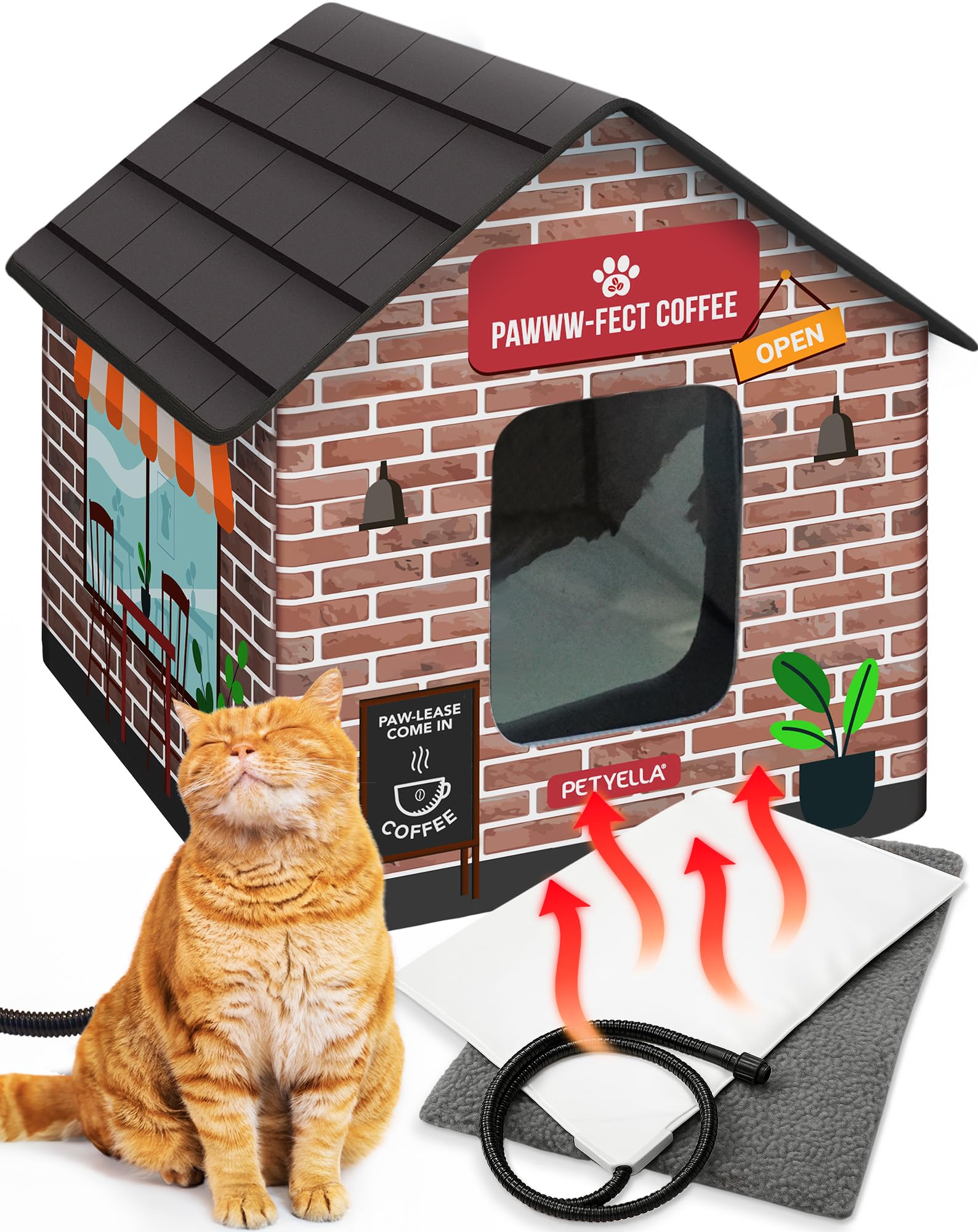 PETYELLA Deluxe Heated Cat House exterior on a porch offers cozy outdoor shelter.
