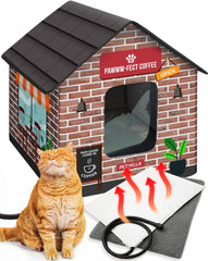 PETYELLA Deluxe Heated Cat House exterior on a porch offers cozy outdoor shelter.
