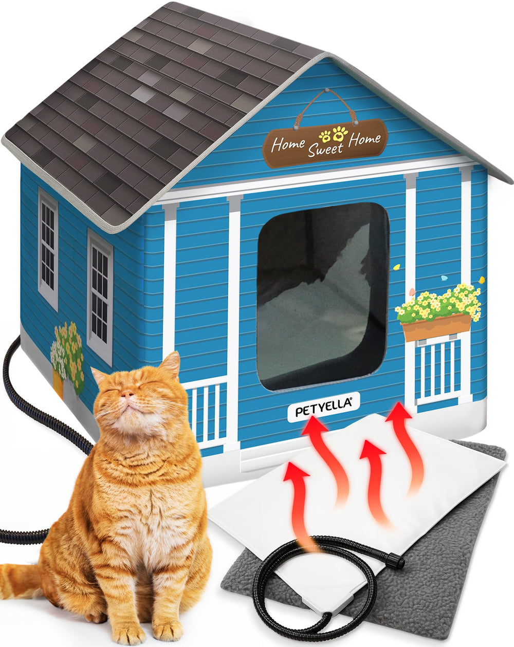 PETYELLA Deluxe heated cat house front view with dual doors for easy access.