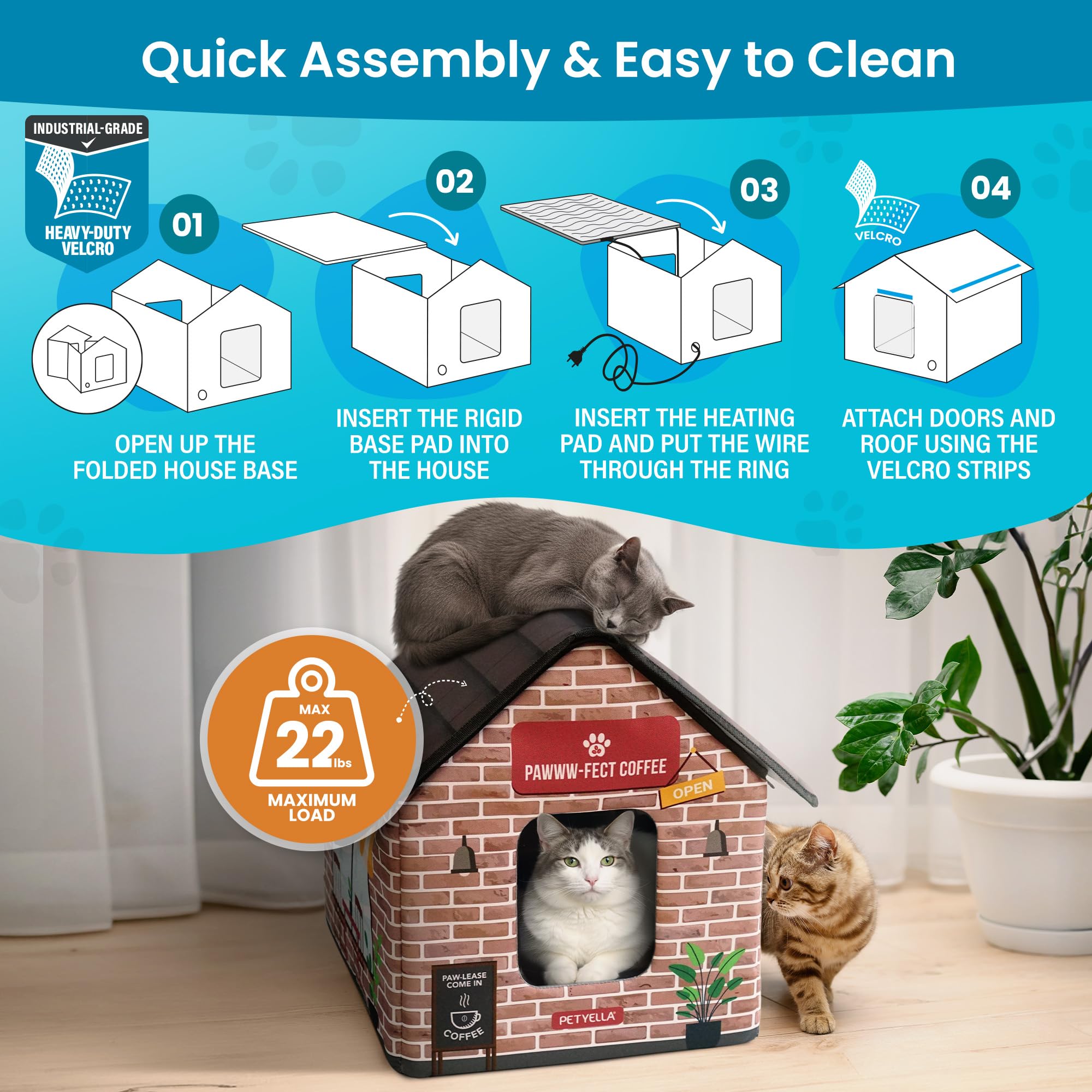 PETYELLA Deluxe Heated Cat House interior shows insulated walls and warm pad.