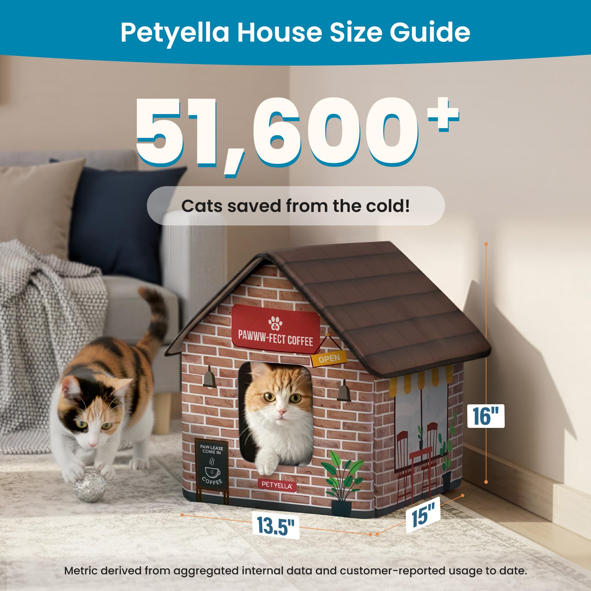 PETYELLA Deluxe Heated Cat House weatherproof exterior shields against rain.