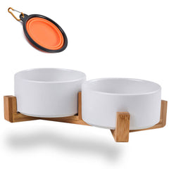 Petygooing bowls on wood stand, front view, elevates feeding height for comfortable dining.