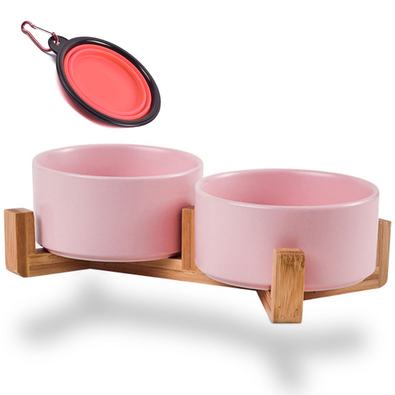Petygooing pink ceramic bowls with wood stand, front view showing stability and style