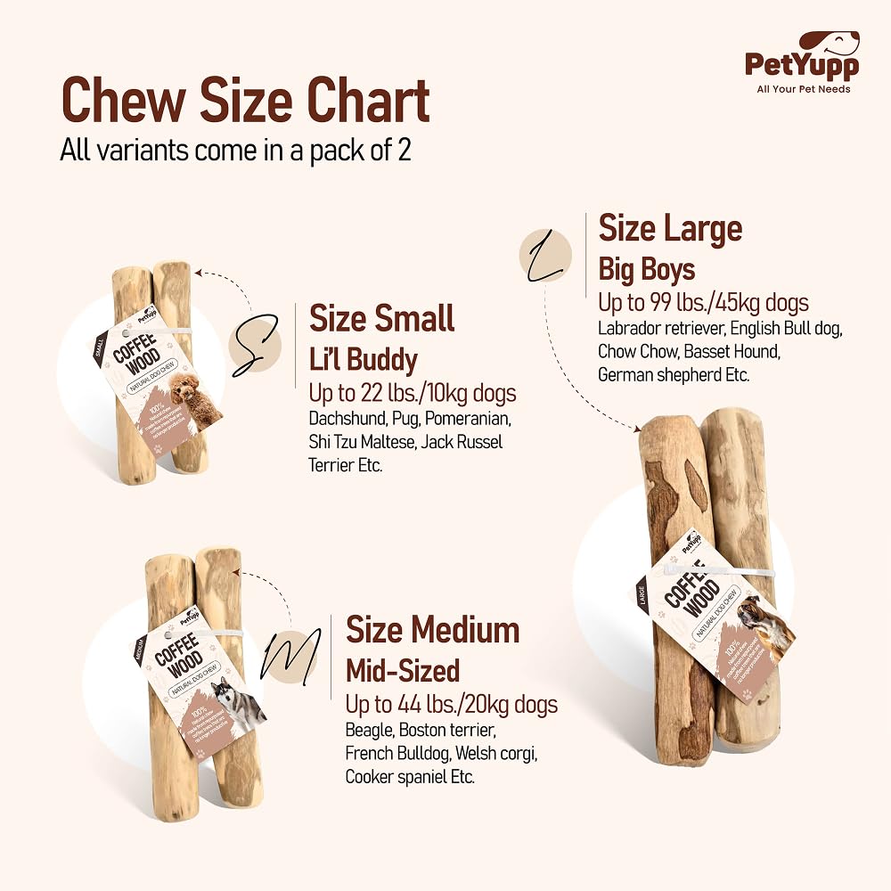 PetYupp coffee wood dog chew highlights natural dental-friendly scraping action