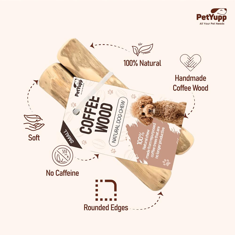 PetYupp coffee wood dog chew packaging shown for safe, natural chew