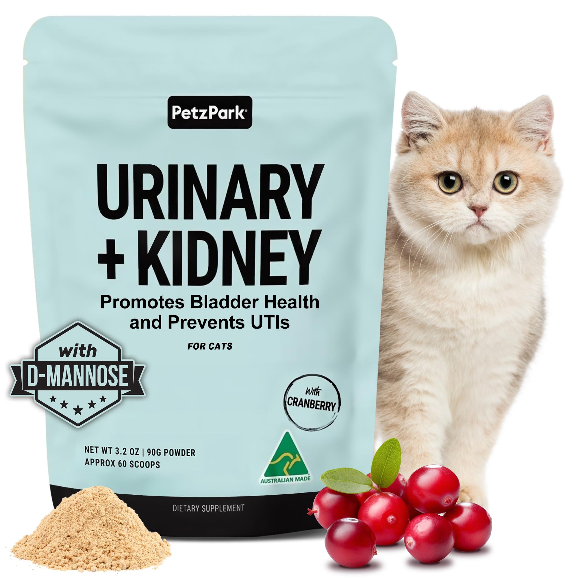 Petz Park urinary-kidney powder bottle for cats supports urinary health and kidney function.