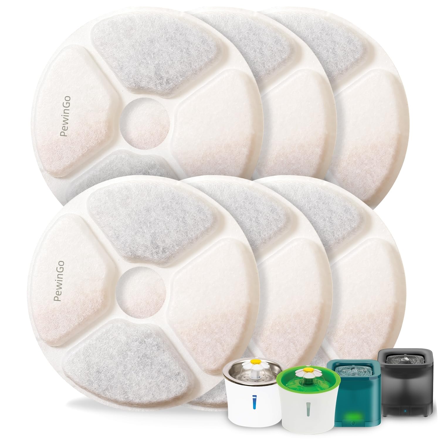 PewinGo cat water fountain filter 6-pack ready for continuous clean water for pets.