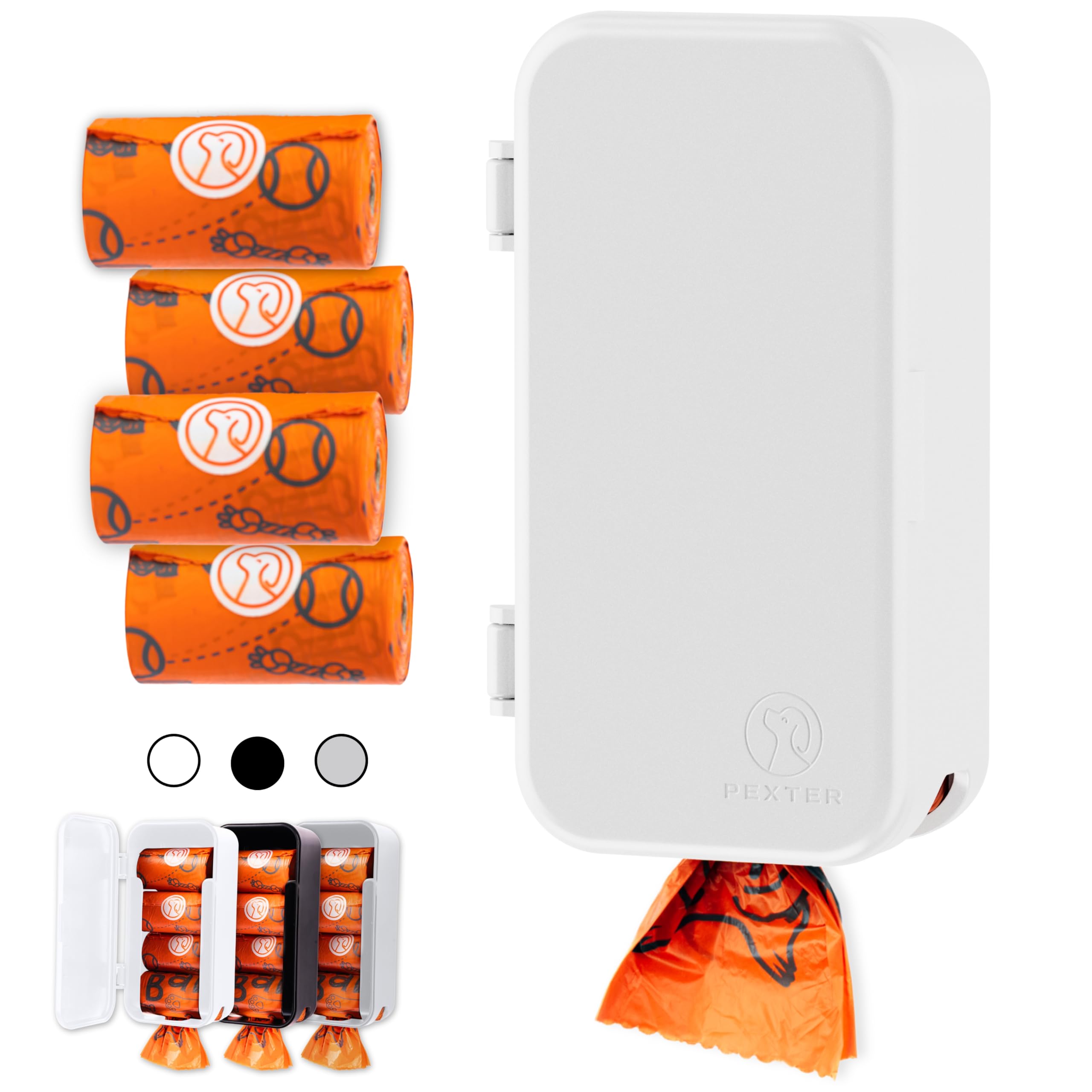 Pexter dog poop bag dispenser closeup highlights durable ABS housing for outdoor use.