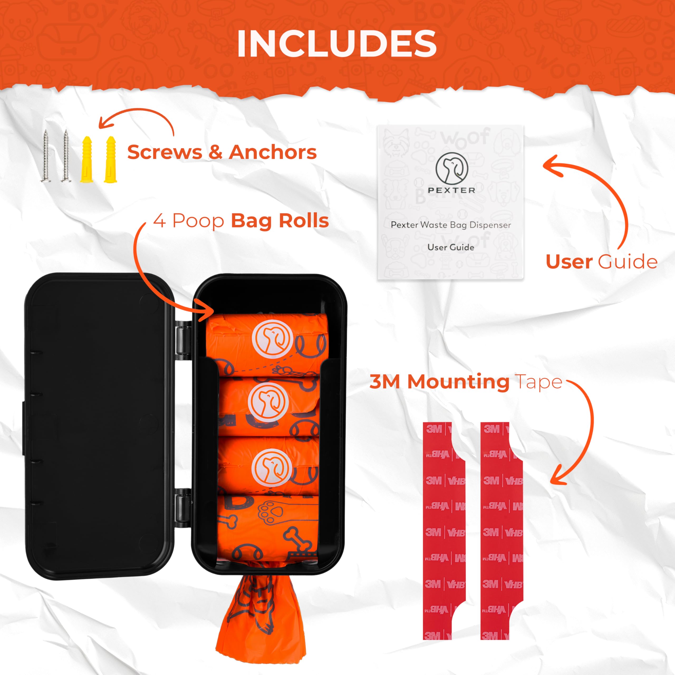 Pexter Dog Poop Bag Dispenser wall mount with anchors and screws for secure placement.
