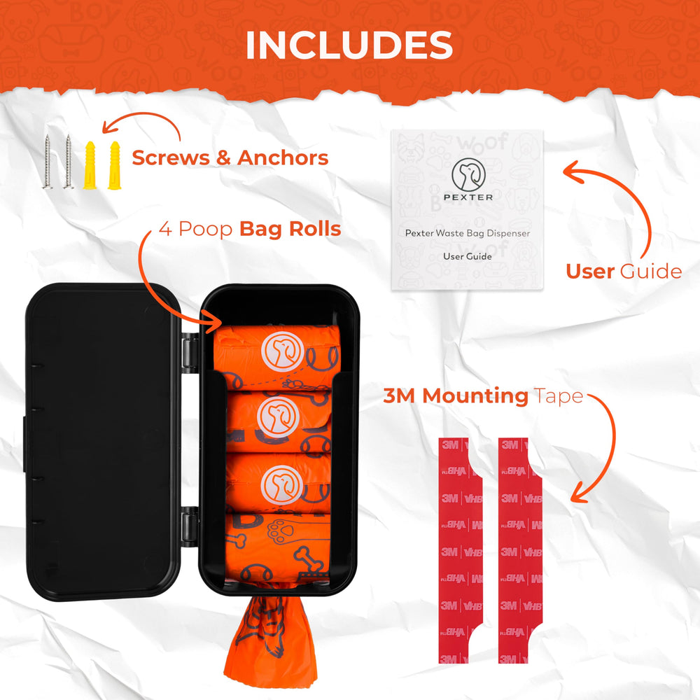 Pexter Dog Poop Bag Dispenser wall mount with anchors and screws for secure placement.