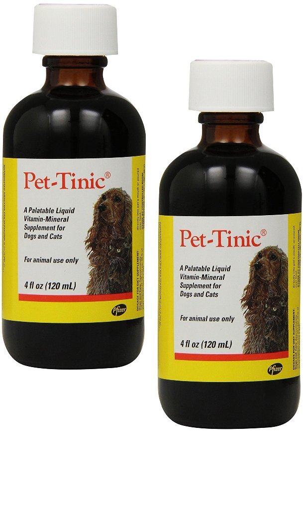 Pfizer Animal Pet Tinic 4oz bottle, a palatable iron supplement for growing or convalescent pets.