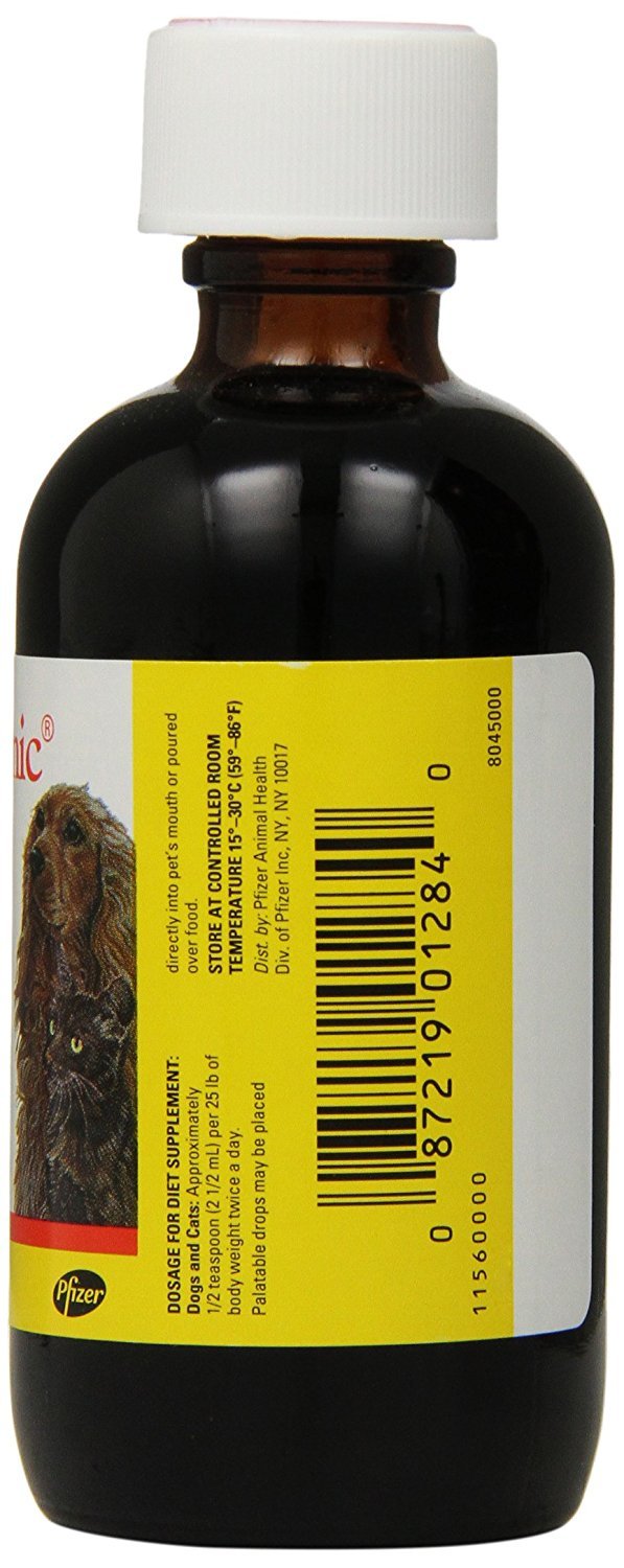 Pfizer Animal Pet Tinic pour-over-food image illustrating easy mixing with meals for supplementation.