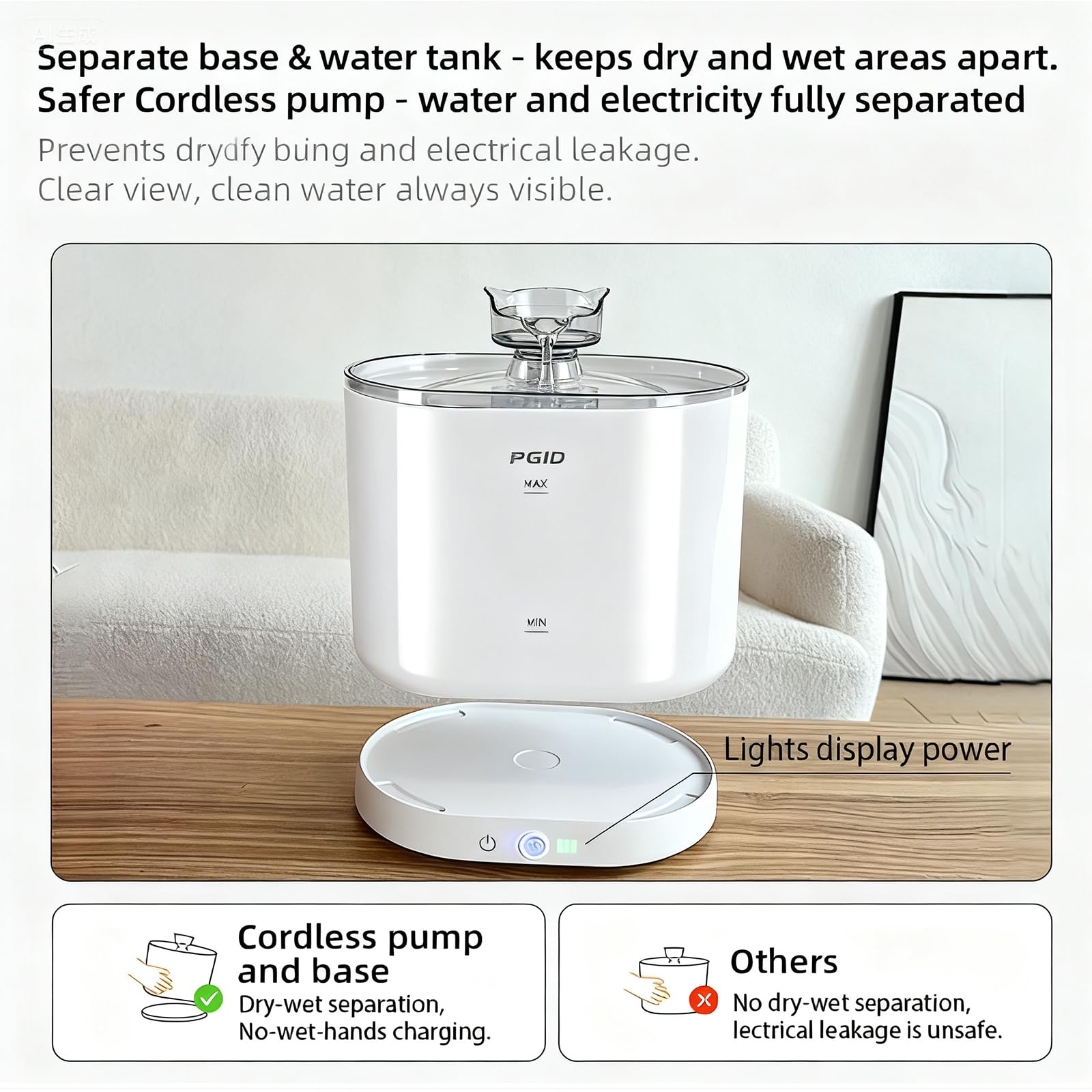 PGID 210ml wide water tray keeps drinking accessible during busy hours.