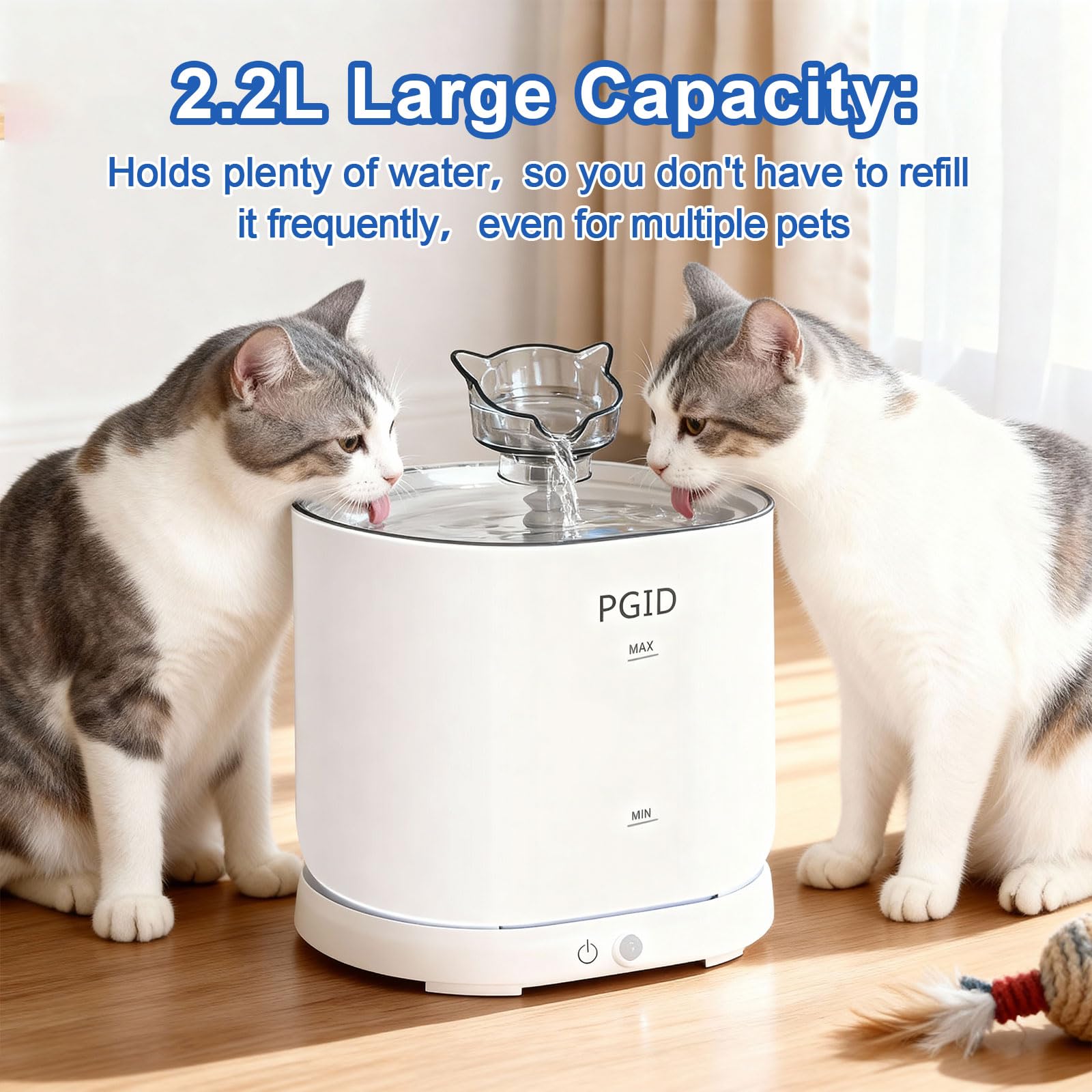 PGID battery-operated water fountain demonstrates freedom to drink anywhere without cords.