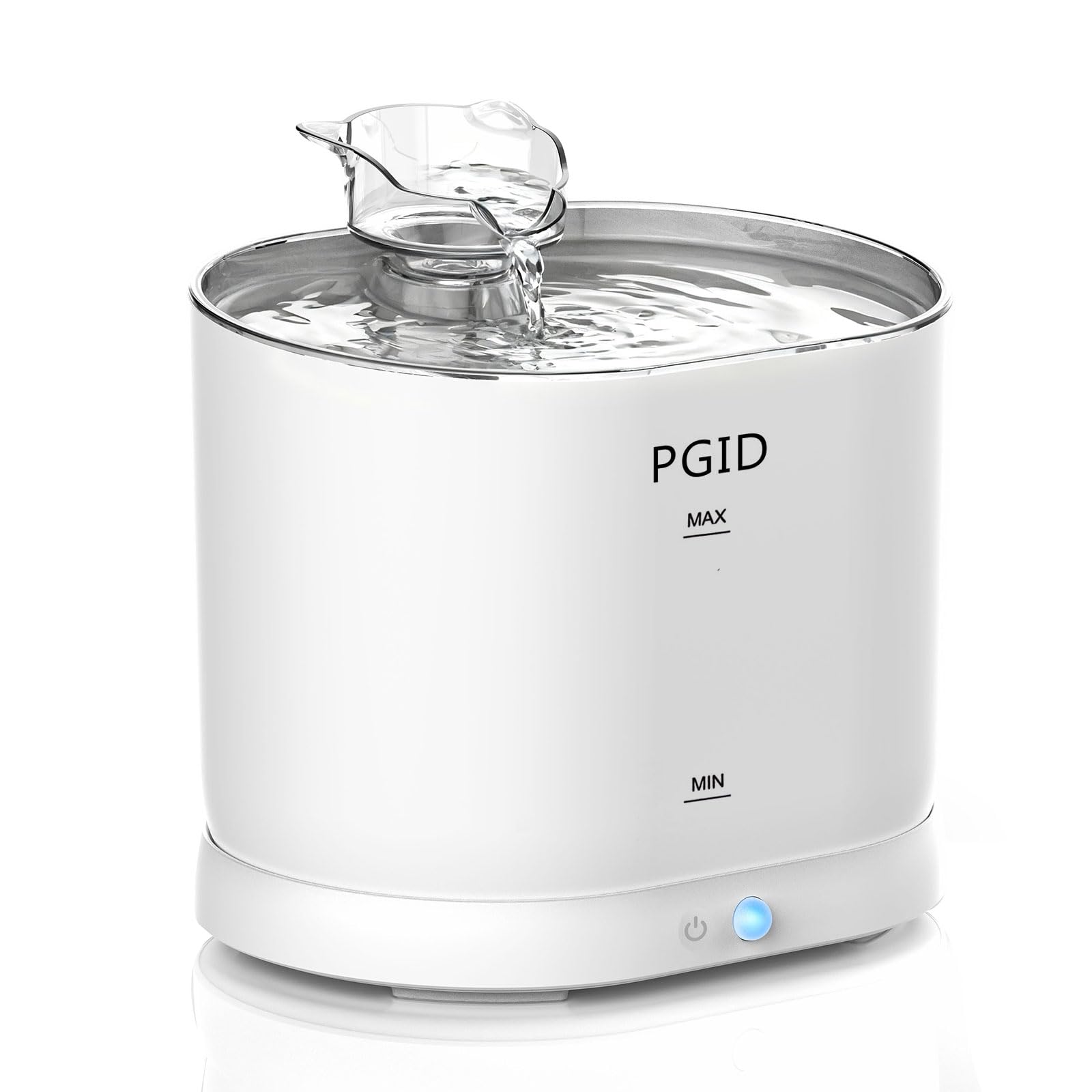 PGID cordless cat water fountain assembly shows untethered placement for pet hydration.