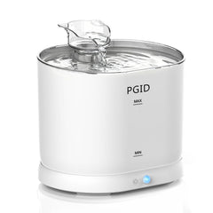 PGID cordless cat water fountain assembly shows untethered placement for pet hydration.