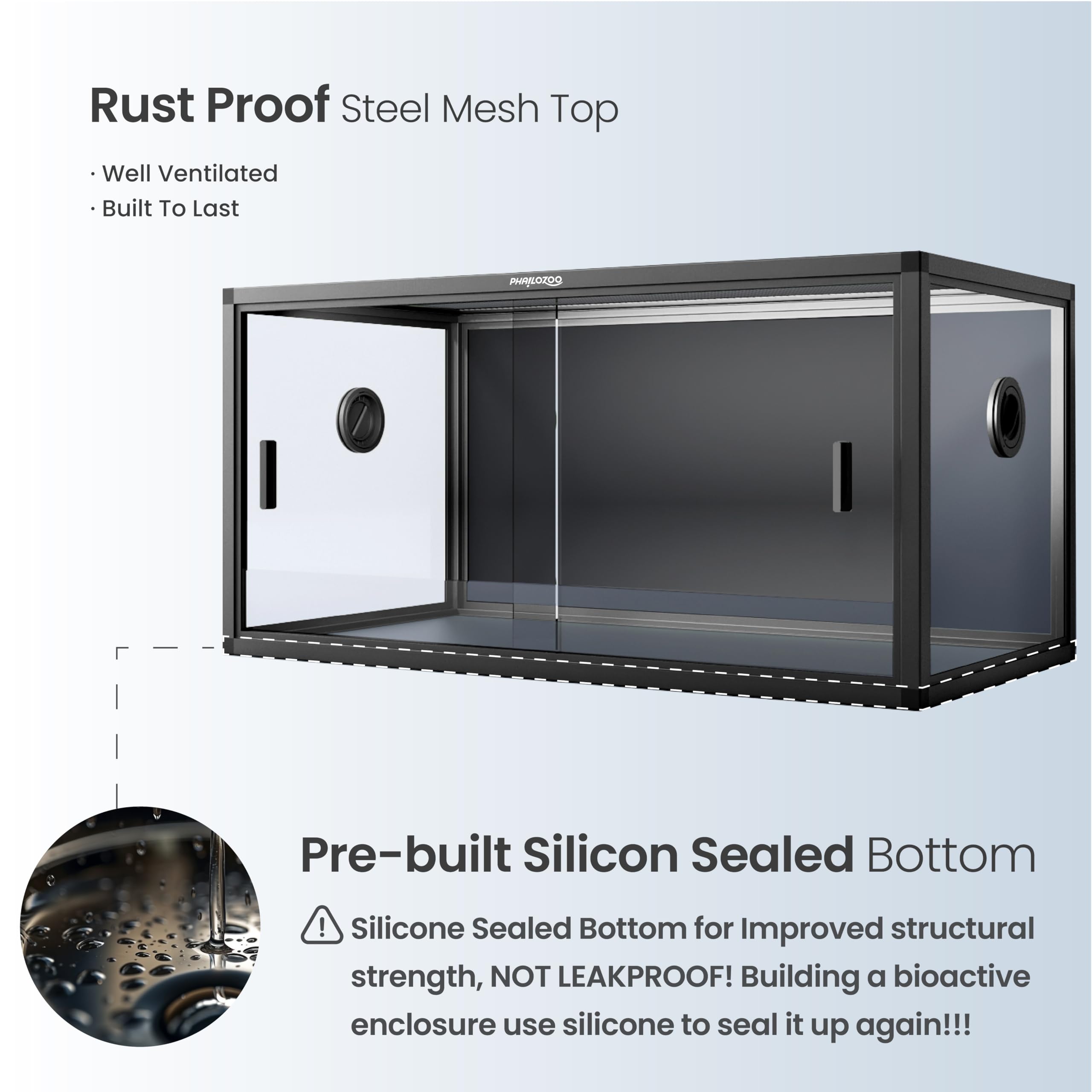 Phailozoo tank front opening with sturdy door handles for easy maintenance