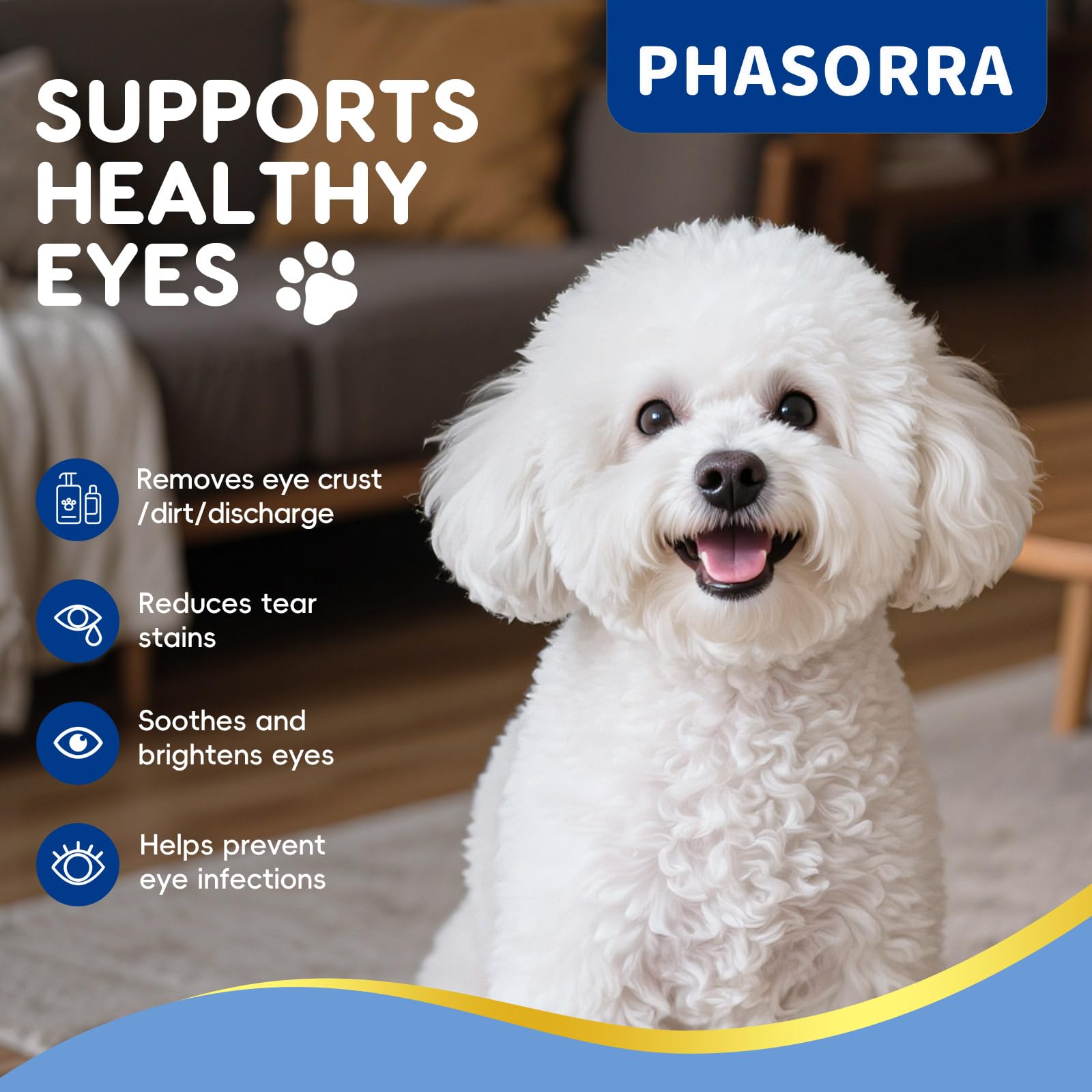 PHASORRA dog eye wipes textured side wipe illustrates deeper cleaning around tear stains