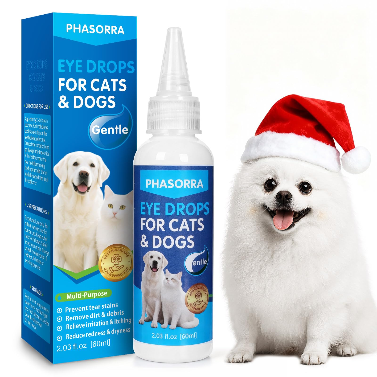 PHASORRA eye drops dog bottle demonstrates gentle, easy daily eye care for pets.