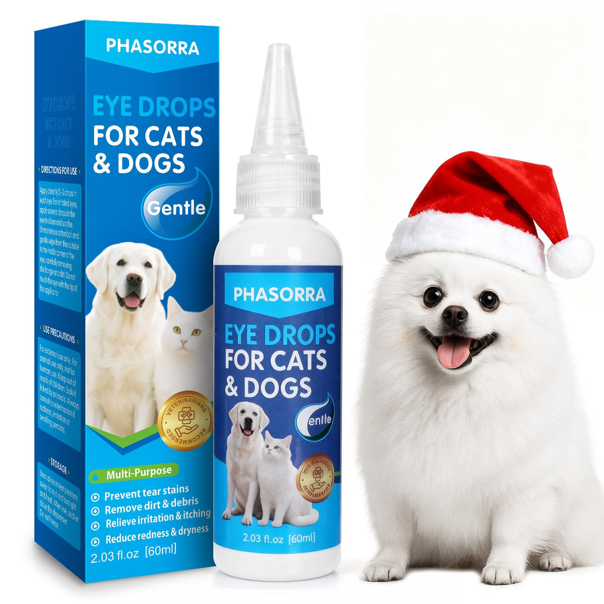 PHASORRA eye drops dog bottle demonstrates gentle, easy daily eye care for pets.
