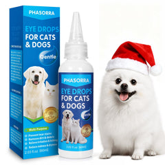 PHASORRA eye drops dog bottle demonstrates gentle, easy daily eye care for pets.