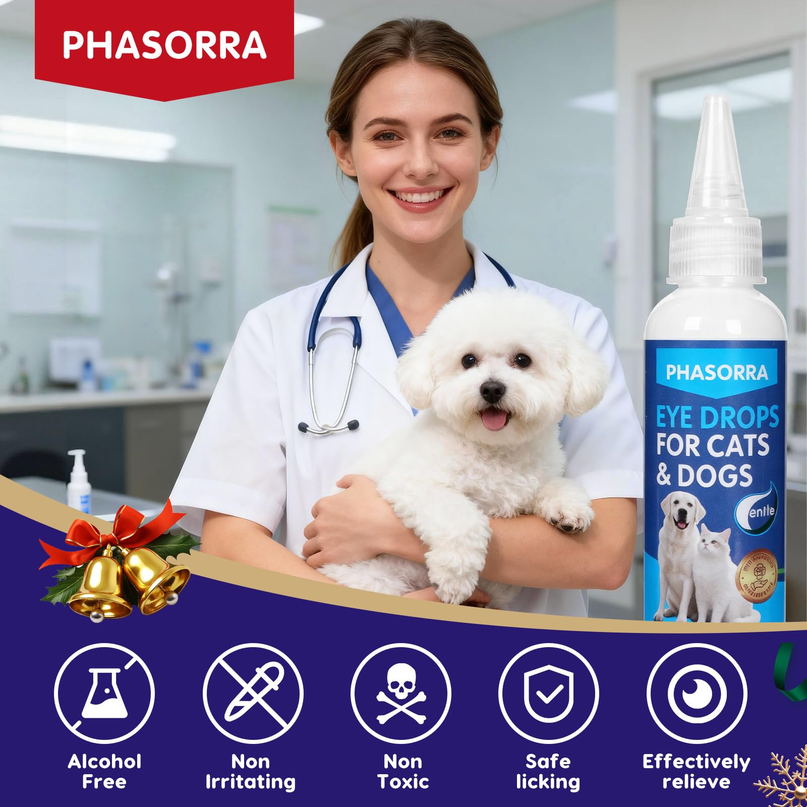 PHASORRA eye drops label closeup highlights safe, non-medicated formula for dogs and cats.