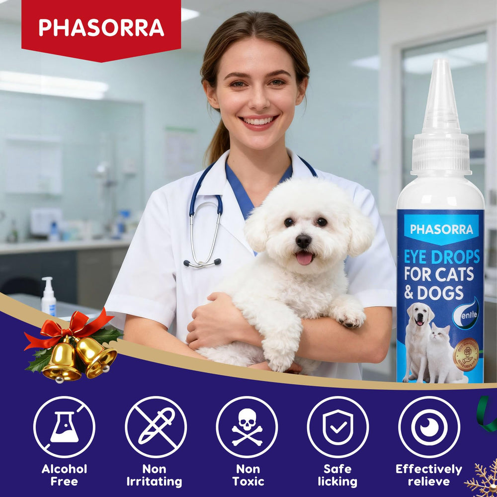 PHASORRA eye drops label closeup highlights safe, non-medicated formula for dogs and cats.