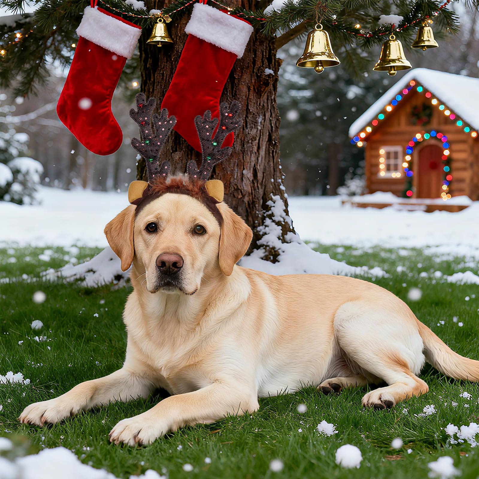 phnydreg dog reindeer antlers headband Christmas party setup showcases adorable seasonal charm.