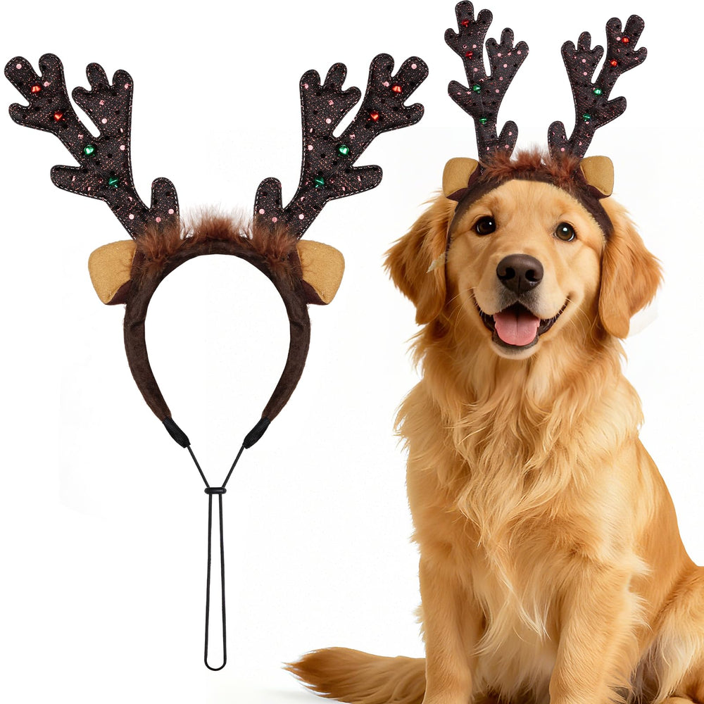 phnydreg dog reindeer antlers headband closeup reveals sturdy wire support for durable festive wear.