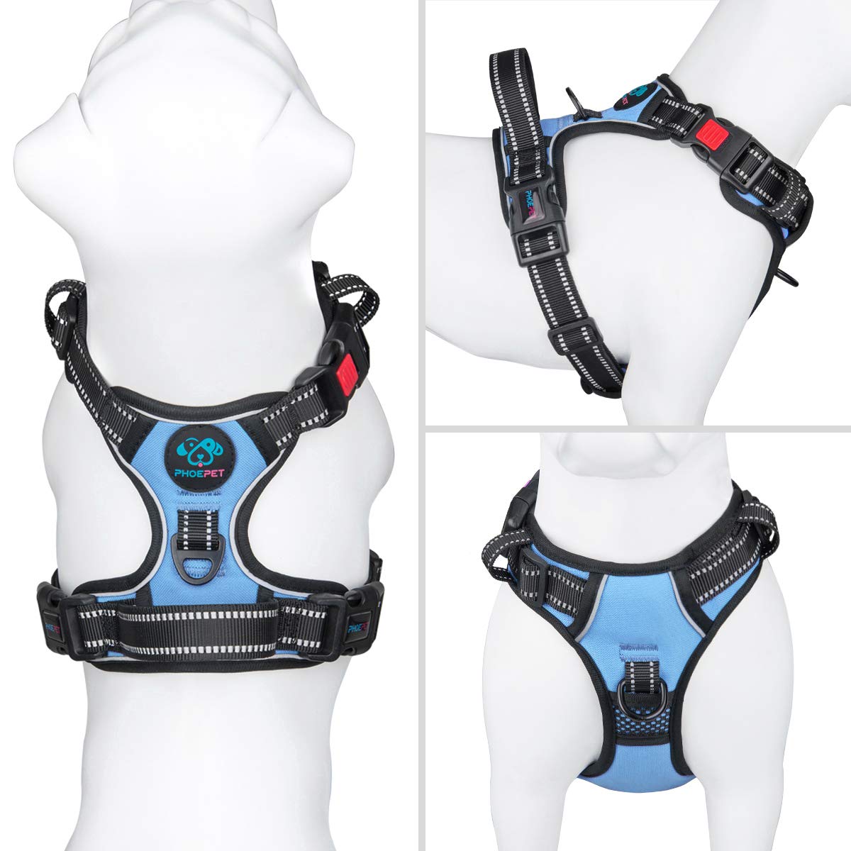 PHOEPET front-leash attachment harness reduces pulling during walks.