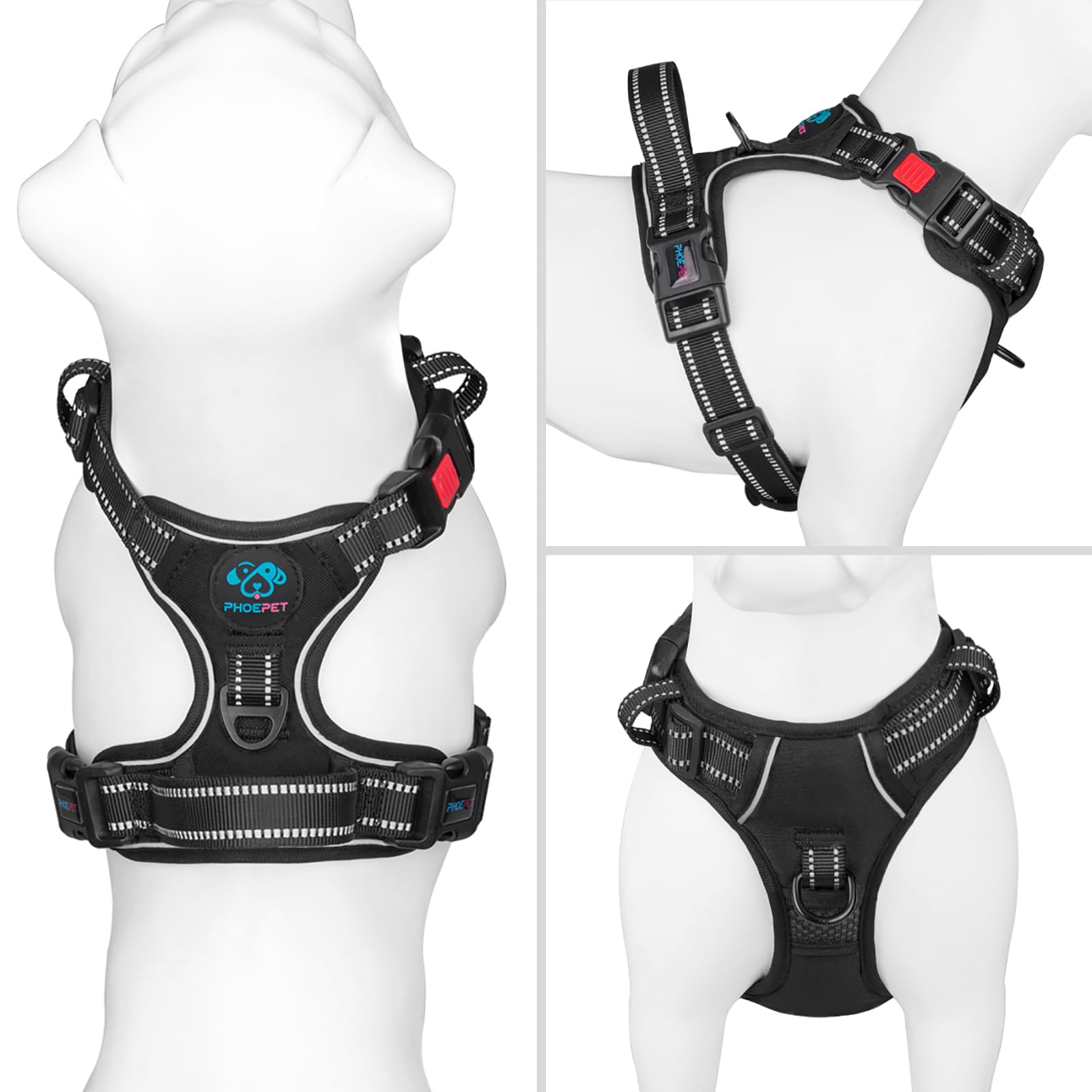 PHOEPET No Pull Harness back-clip provides traditional leash attachment.