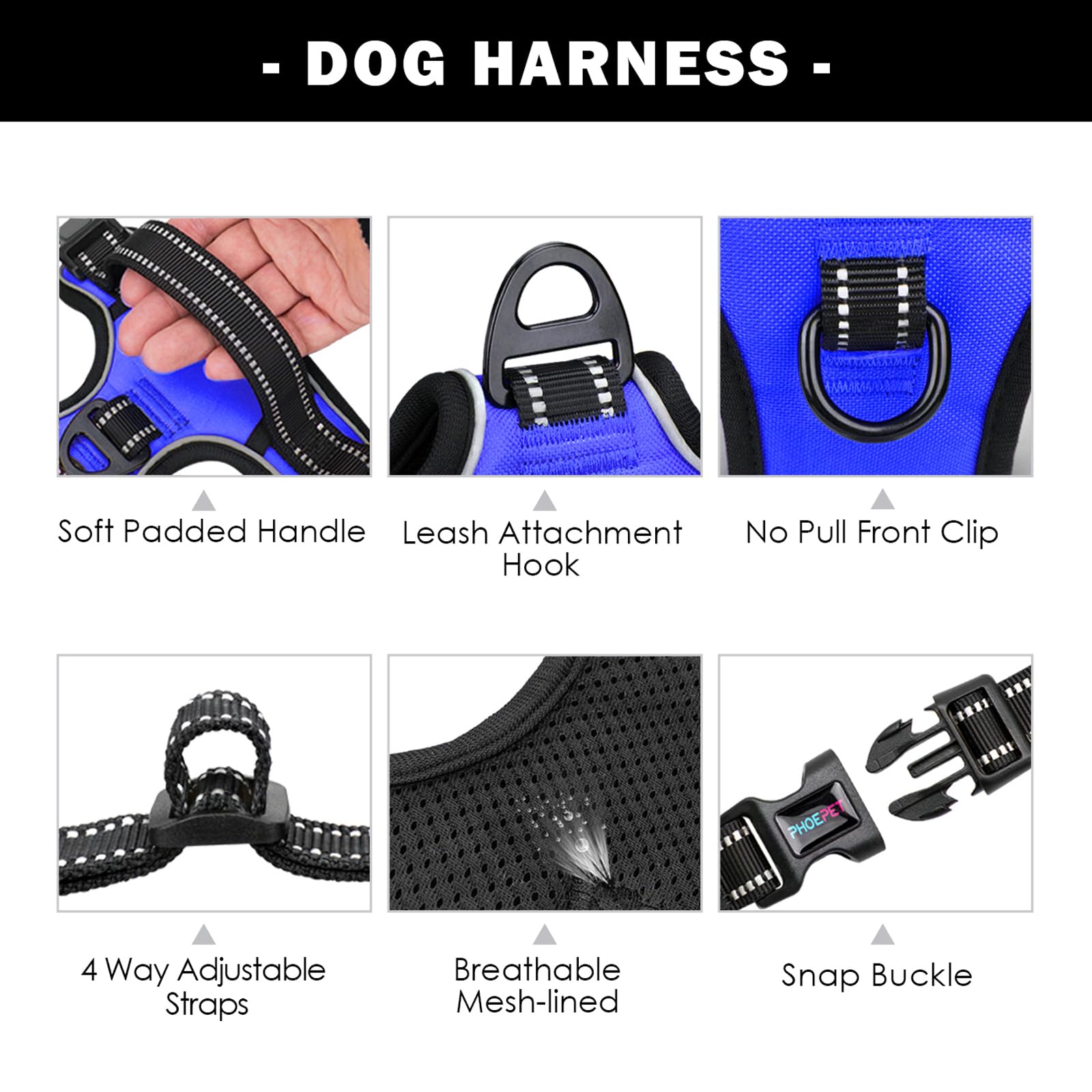 PHOEPET No Pull Harness reflective strip enhances visibility at night.