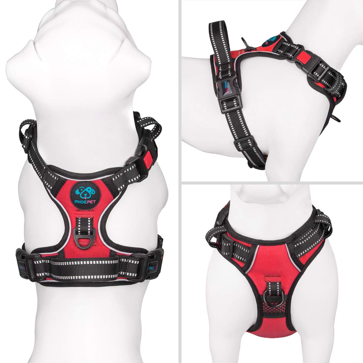 PHOEPET No Pull Harness back clip showcases versatile leash attachment options.
