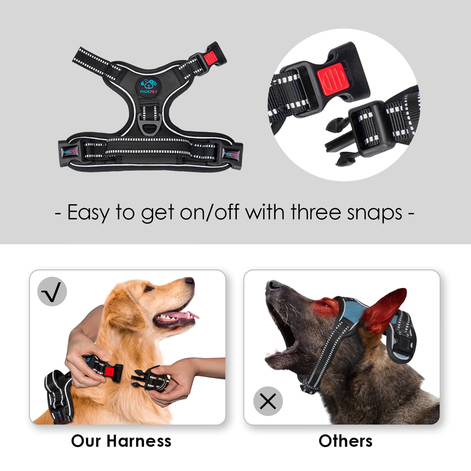 PHOEPET reflective dog harness leash attachment—front hook reduces pulling