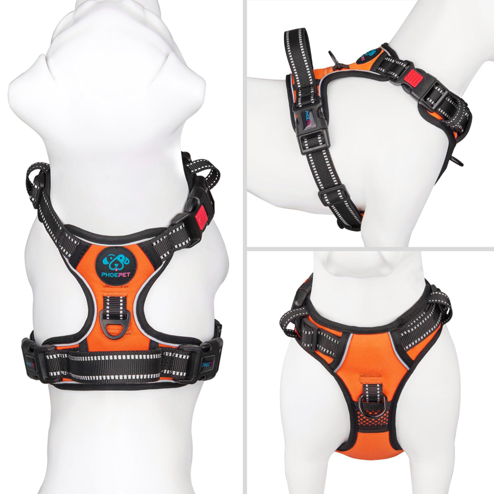 PHOEPET Reflective Harness XL orange back view with sturdy handle for close control.