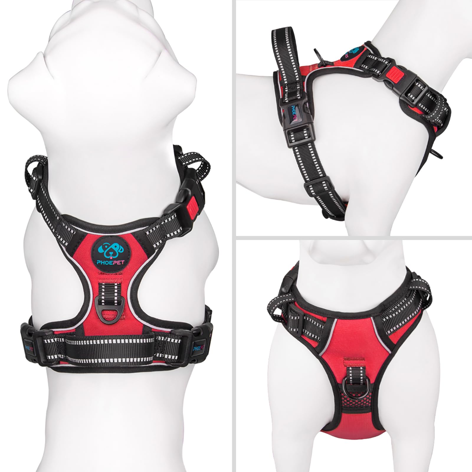 PHOEPET reflective harness XL red back view offers secure control with a sturdy handle.