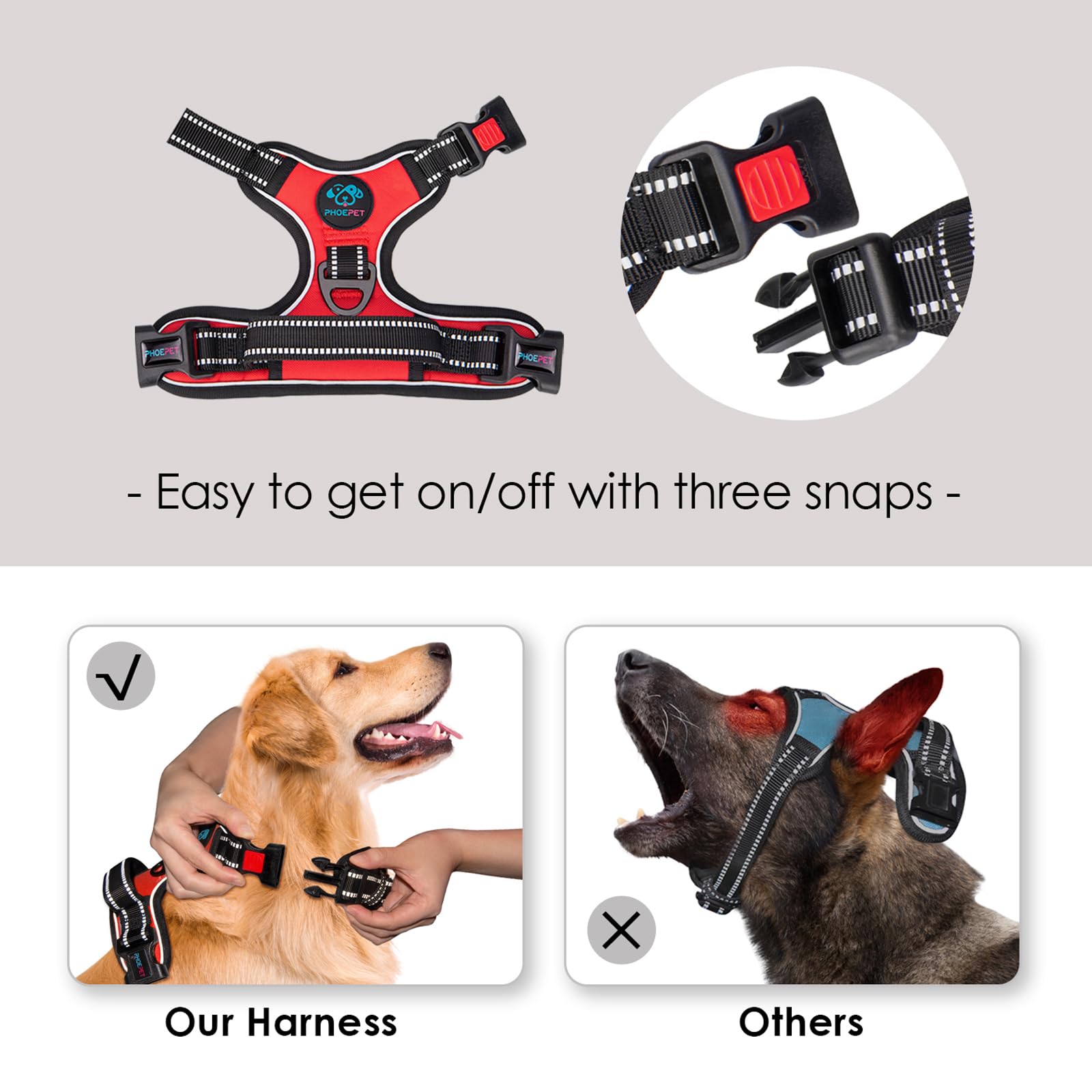 PHOEPET reflective harness XL red leash front attachment supports front-pull training.