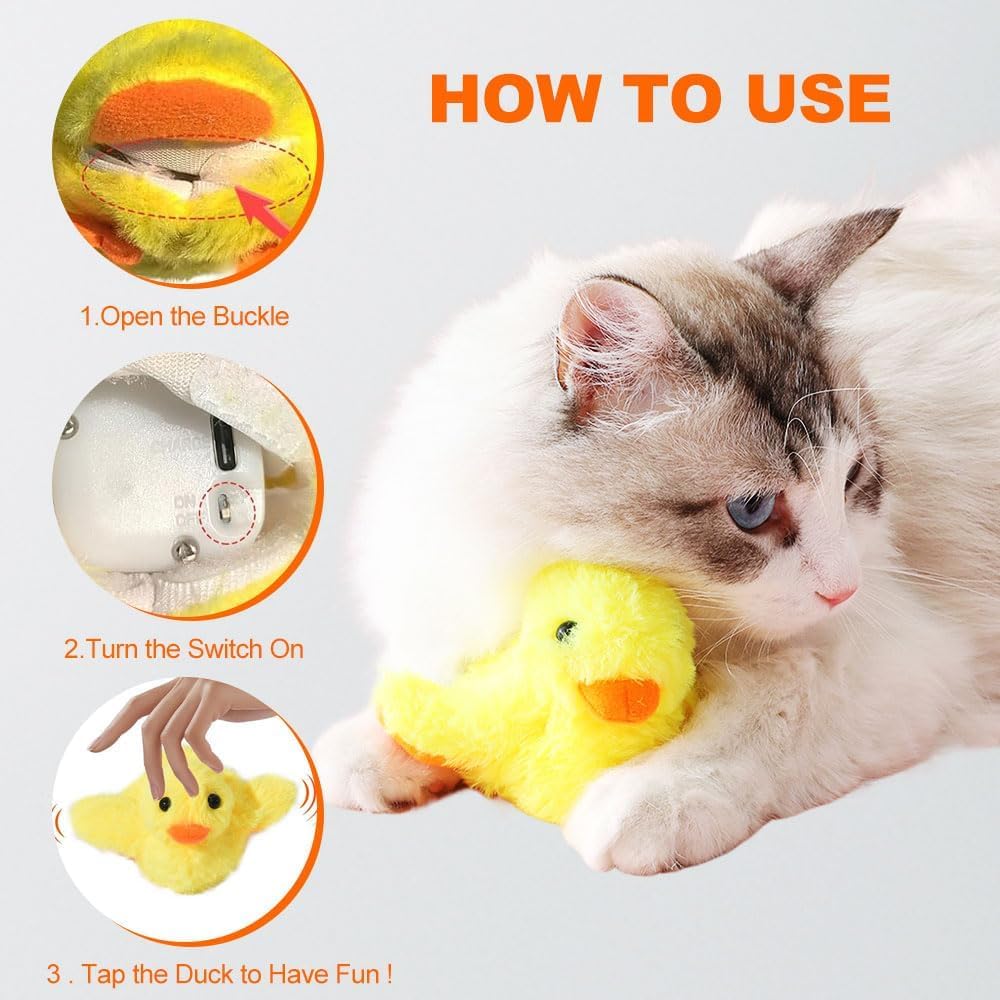 PHONORY cat plays with duck to promote movement and boredom relief.