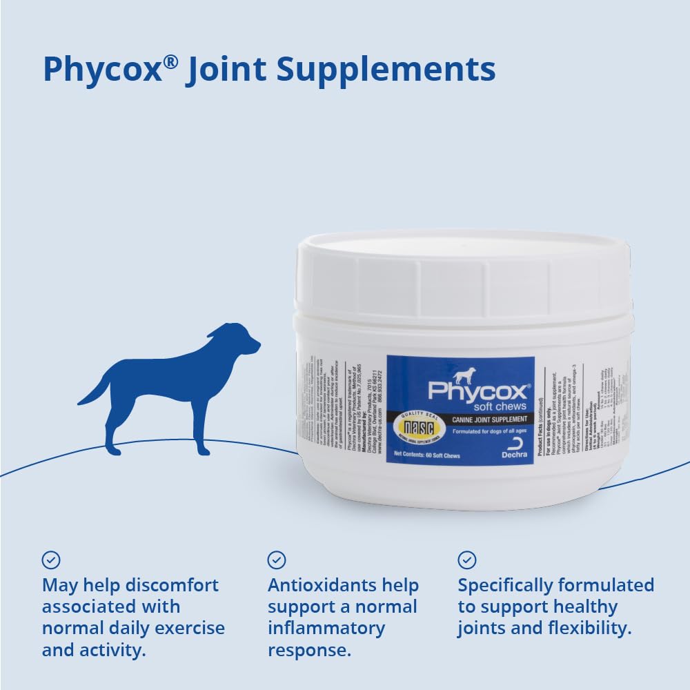 PhyCox dog joint soft chews label detail lists glucosamine and omega-3.