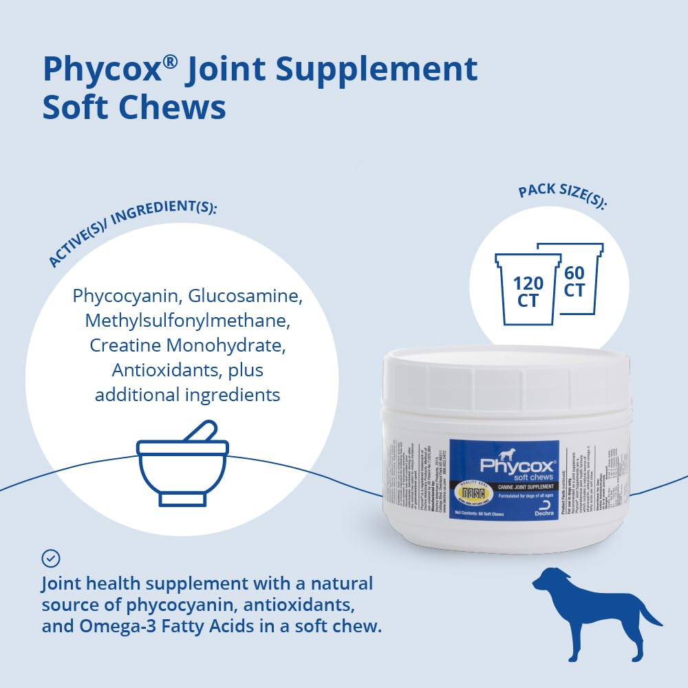 PhyCox dog joint soft chews packaging back highlights ingredients and usage.
