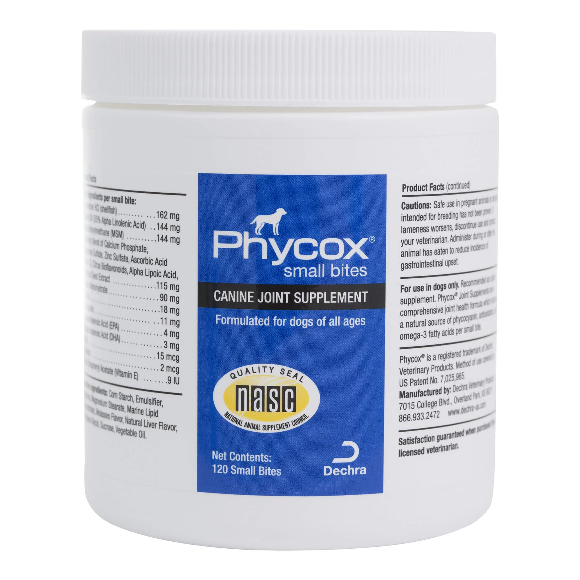 PhyCox joint supplement small bites bottle shows easy-to-chew bites for mature dogs, with potential joint support