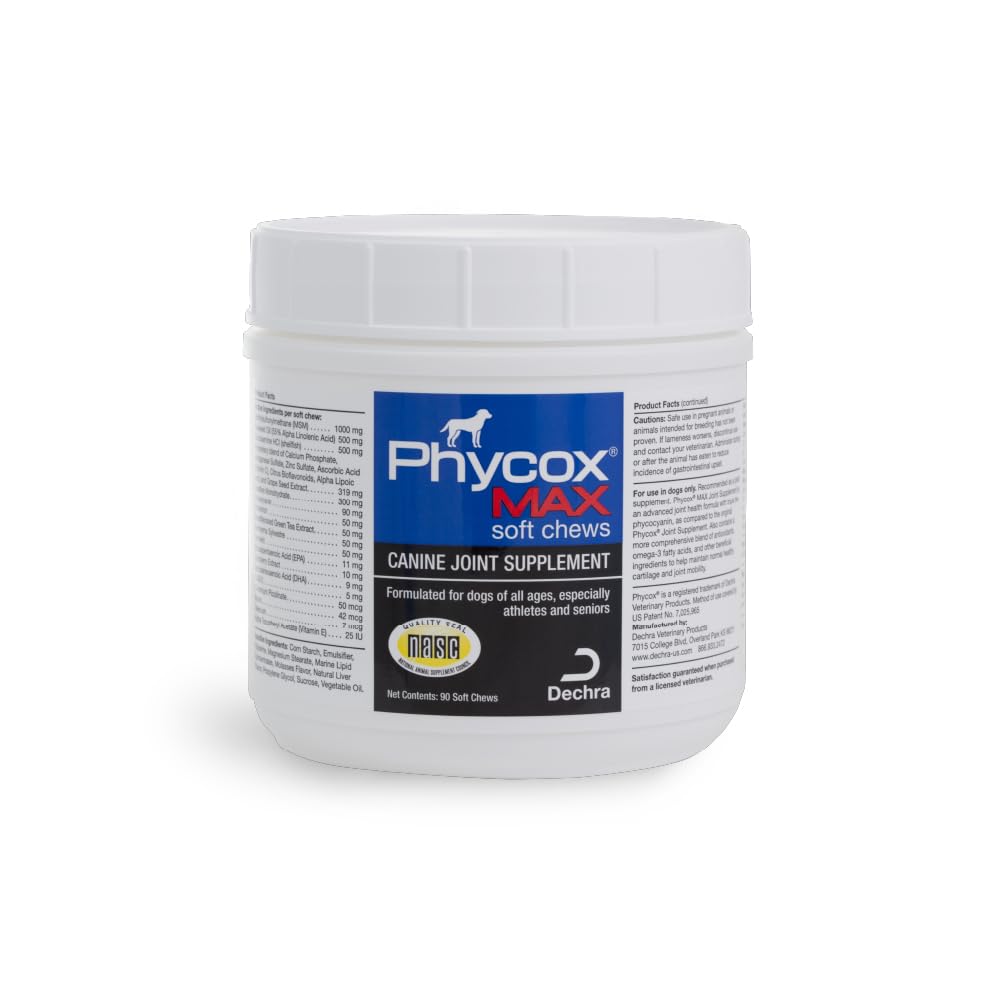 PhyCox MAX dog joint soft chews bottle closeup showing soft texture for mobility support.