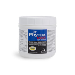 PhyCox MAX dog joint soft chews bottle closeup showing soft texture for mobility support.