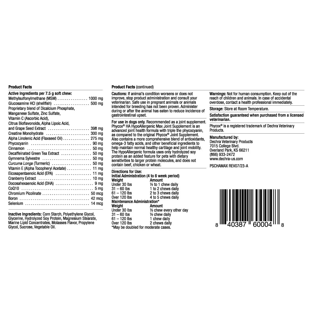 Phycox MAX HA chews ingredients list shows glucosamine for joint health benefits.