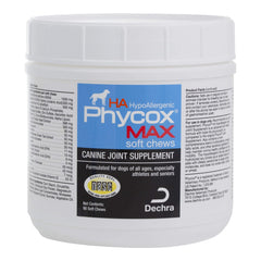 Phycox MAX HA soft chews packaging closeup shows hypoallergenic joint support.