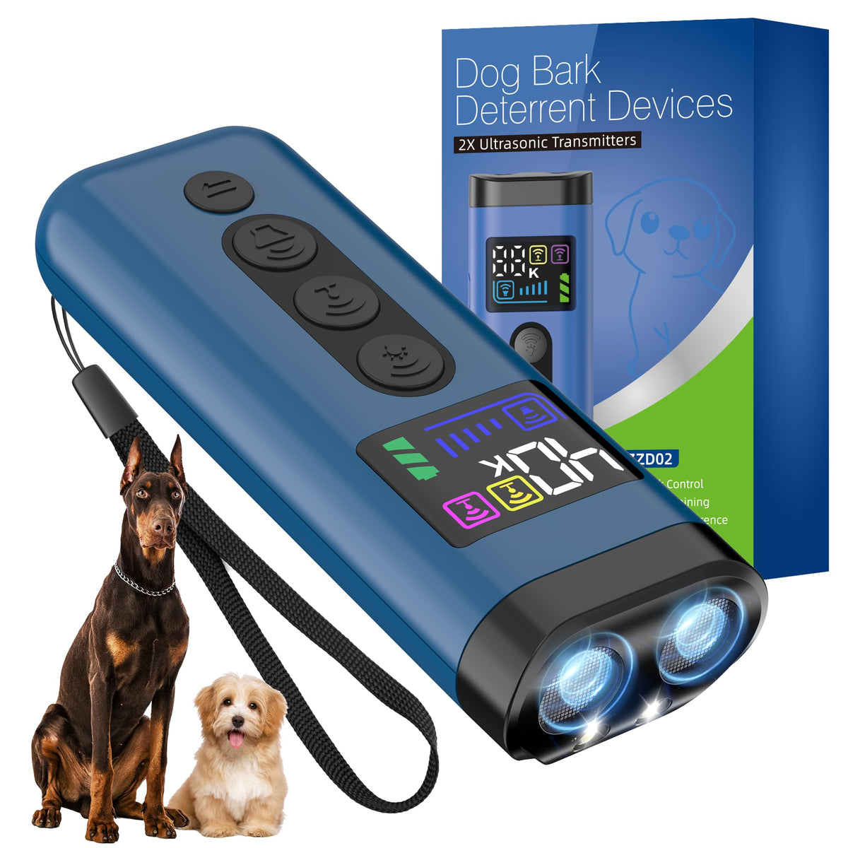 Phzibor dog bark deterrent device front view, compact blue design for easy handling during walks.